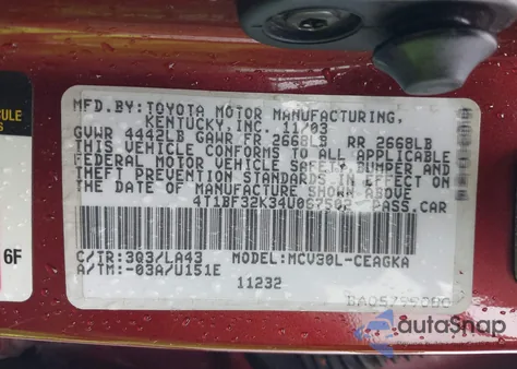 2004 Toyota Camry Xle V6 from USA, damaged, VIN 4T1BF32K34U067502